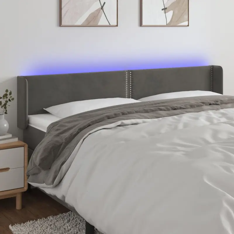 Zagłówek do łóżka z LED, ciemnoszary, 203x16x78/88 cm, aksamit