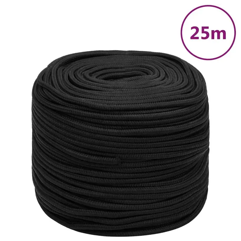 Linka żeglarska, czarna jednolita, 8 mm, 25 m, polipropylen