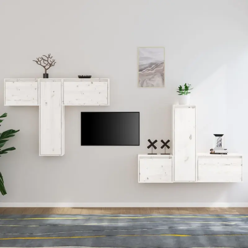 Szafki pod TV, 6 szt., białe, lite drewno sosnowe