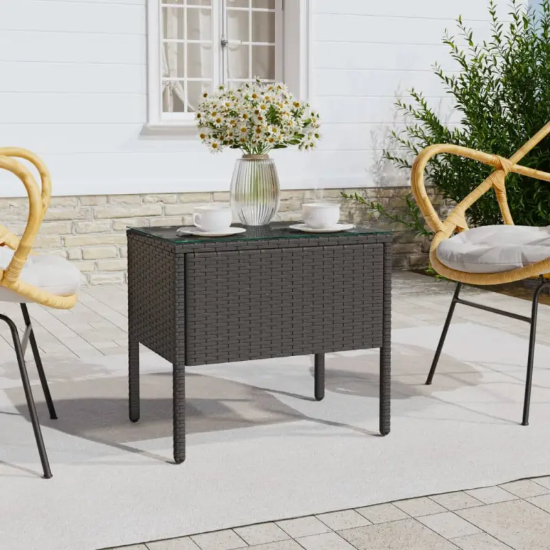 Stolik boczny, czarny, 53x37x48 cm, rattan PE i szkło hartowane