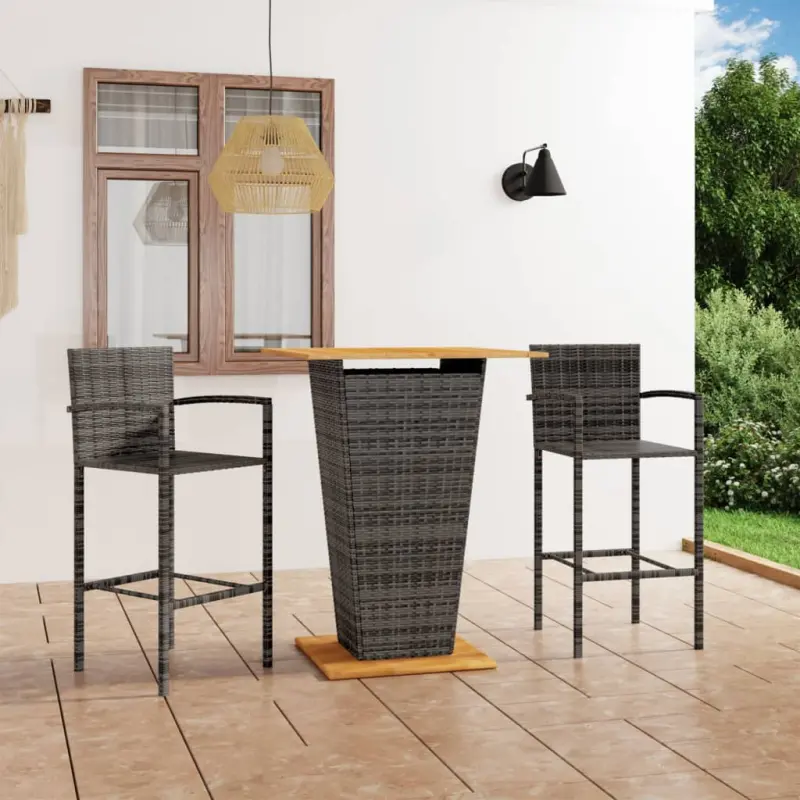 Meble ogrodowe barowe 3-cz. szare rattan PE stal drewno akacjowe