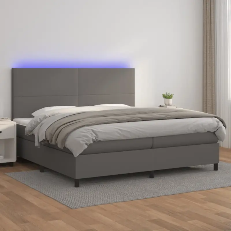 Łóżko kontynentalne z materacem i LED, szara ekoskóra 200x200cm
