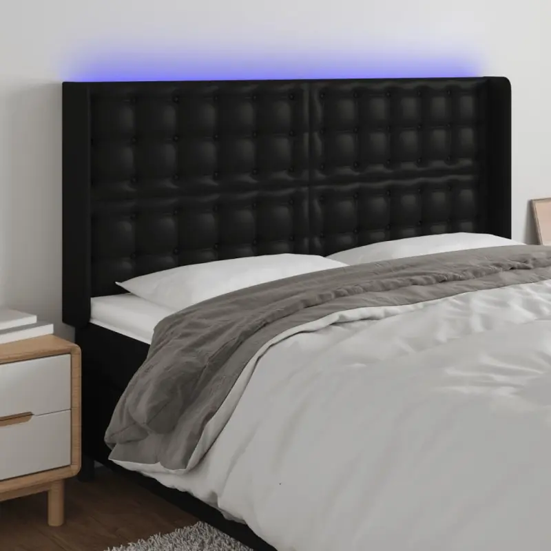 Zagłówek do łóżka z LED, czarny 147x16x118/128cm sztuczna skóra