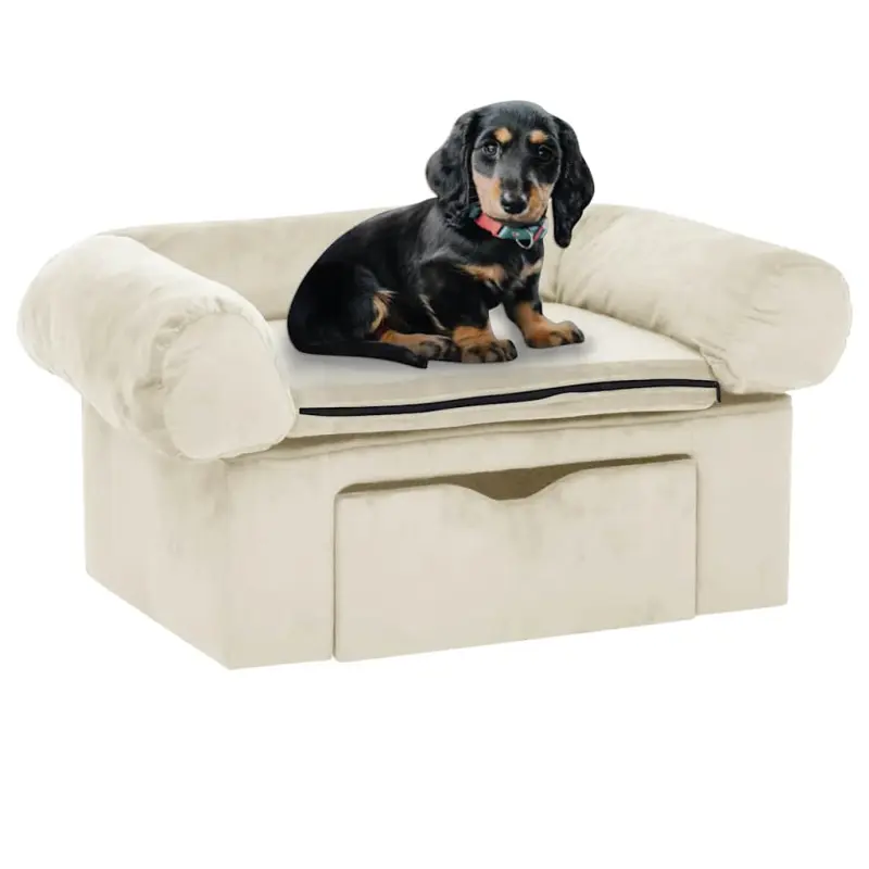 Sofa dla psa, z szufladą, kremowa, 75x50x38 cm, pluszowa