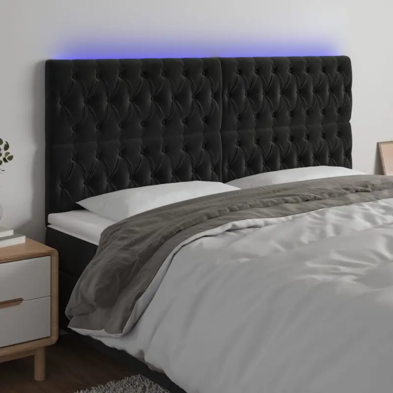 Zagłówek do łóżka z LED, czarny, 200x7x118/128 cm, aksamit