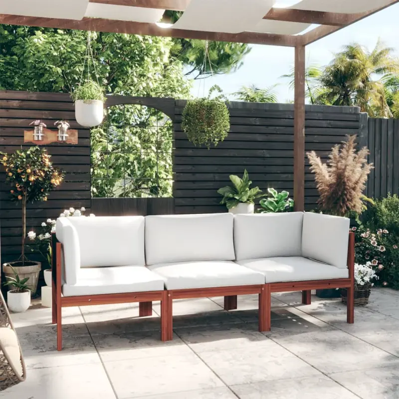 Meble ogrodowe sofa 3-osobowa drewno akacjowe z liną i kremowymi poduszkami