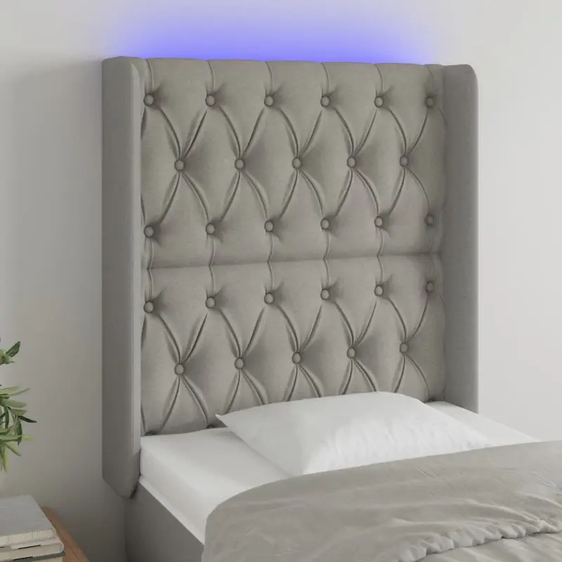 Zagłówek do łóżka z LED, jasnoszary, 83x16x118/128 cm, tkanina
