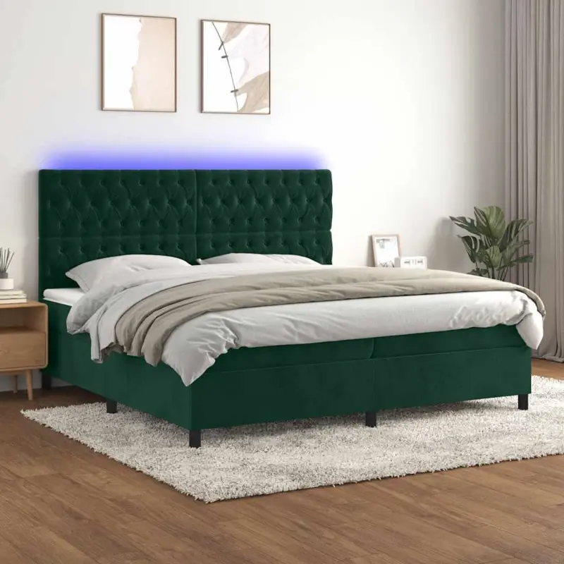 Łóżko kontynentalne z materacem i LED zielony aksamit 200x200cm