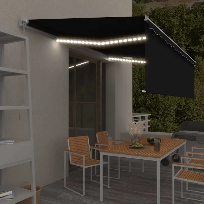 Ręcznie zwijana markiza z zasłoną i LED, 5x3 m, antracytowa