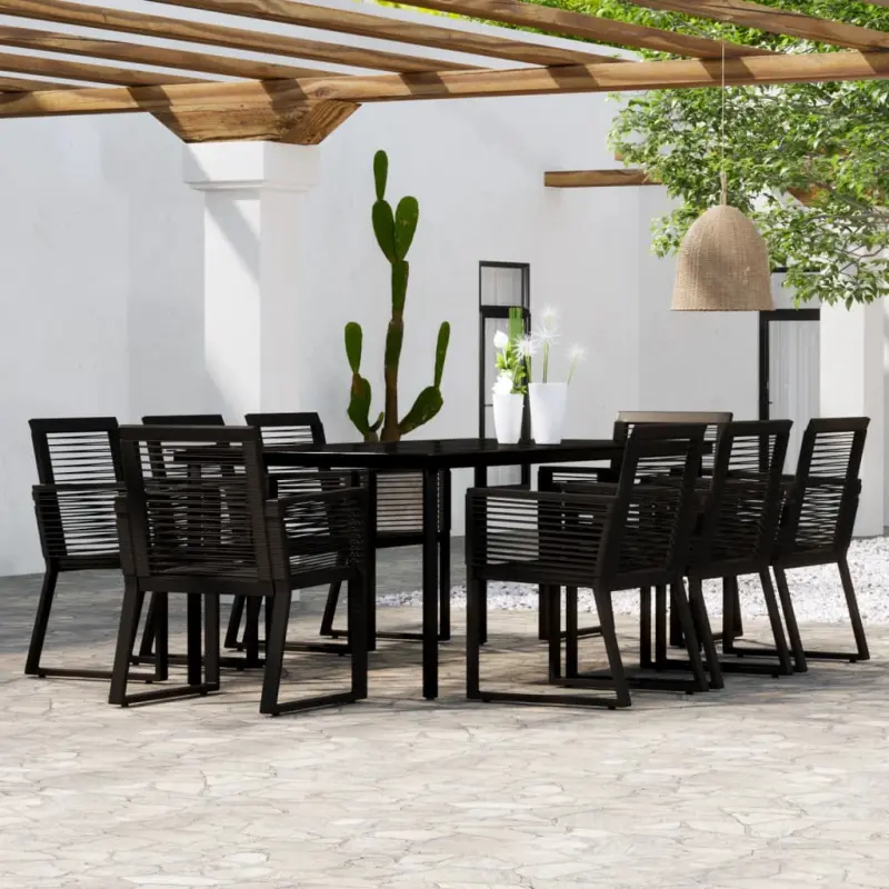 Meble ogrodowe 9-częściowe czarne z rattan PVC i stalowym stołem 200 cm
