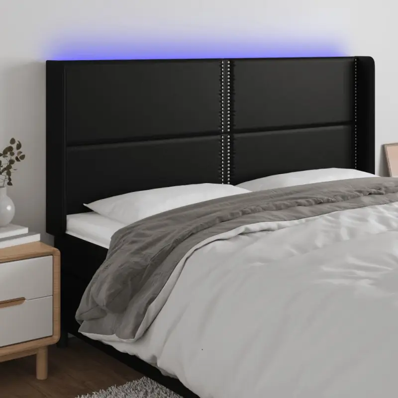 Zagłówek do łóżka z LED, czarny 203x16x118/128cm sztuczna skóra