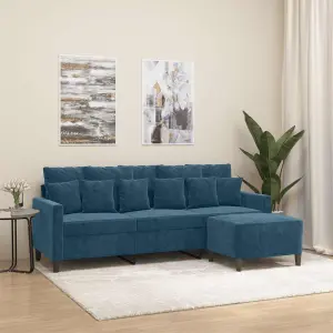 3-osobowa sofa z podnóżkiem, niebieska, 180 cm, aksamit