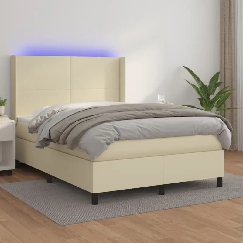 Łóżko kontynentalne z LED, materac, kremowe, ekoskóra 140x200cm