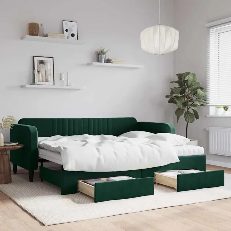 Sofa rozsuwana z szufladami, ciemnozielona, 90x200 cm, aksamit