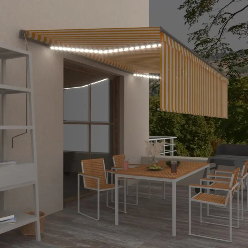 Ręcznie zwijana markiza z zasłoną i LED, 5x3 m, żółto-biała