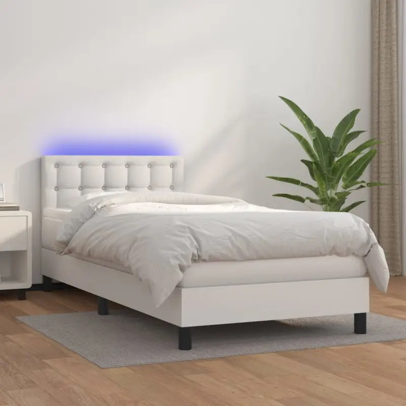 Łóżko kontynentalne z materacem i LED, biała ekoskóra 80x200 cm