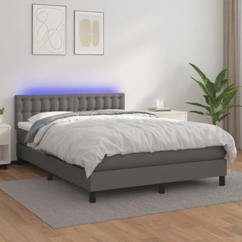 Łóżko kontynentalne z materacem i LED, szara ekoskóra 140x190cm