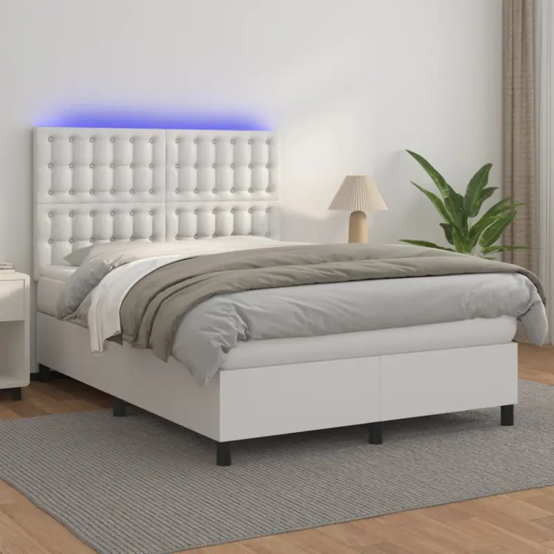 Łóżko kontynentalne z materacem i LED, biała ekoskóra 140x200cm