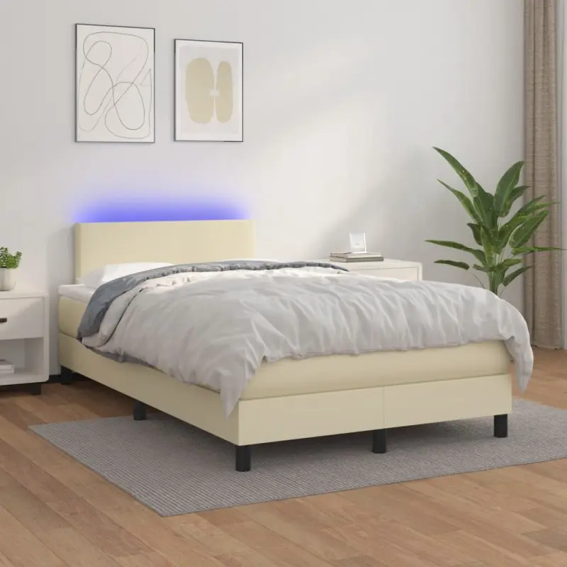 Łóżko kontynentalne z LED, materac, kremowe, ekoskóra 120x200cm