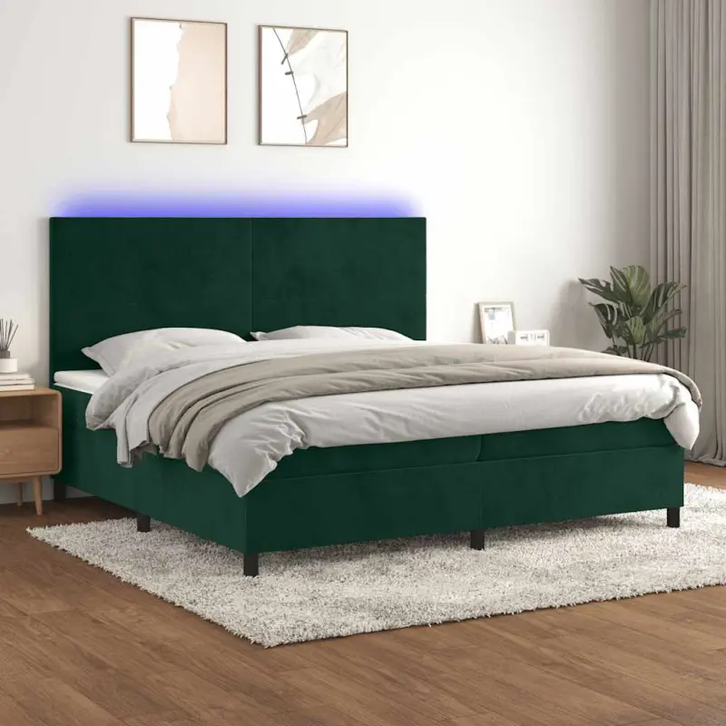 Łóżko kontynentalne z materacem i LED zielony aksamit 200x200cm