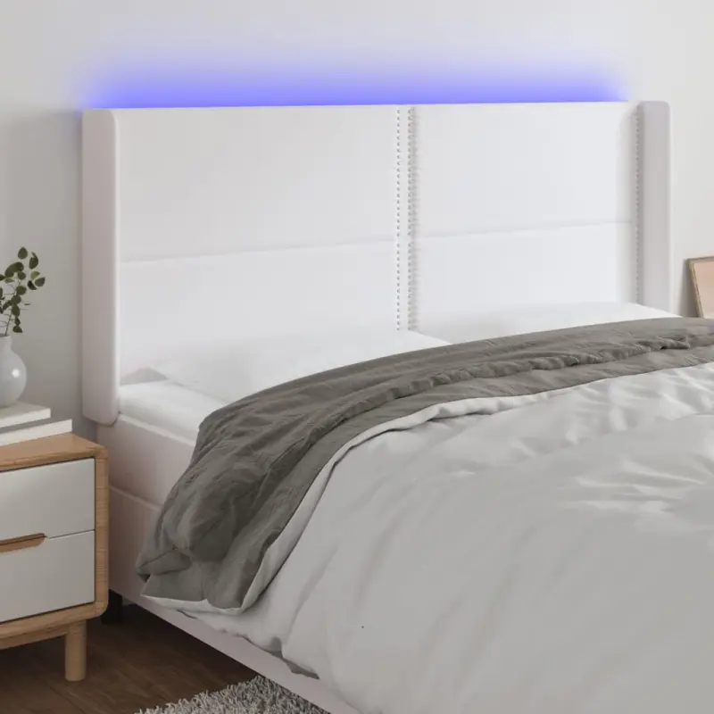 Zagłówek do łóżka z LED, biały, 203x16x118/128cm sztuczna skóra
