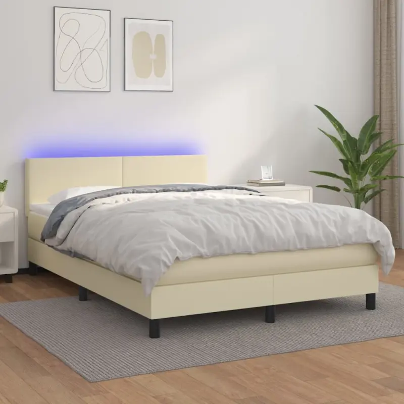 Łóżko kontynentalne z LED, materac, kremowe, ekoskóra 140x190cm