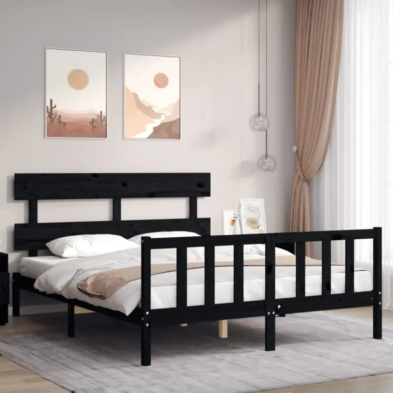 Rama łóżka z wezgłowiem, czarna, King Size, lite drewno
