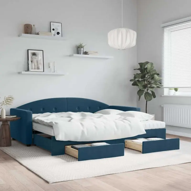 Sofa rozsuwana z szufladami, niebieska, 90x200 cm, aksamit