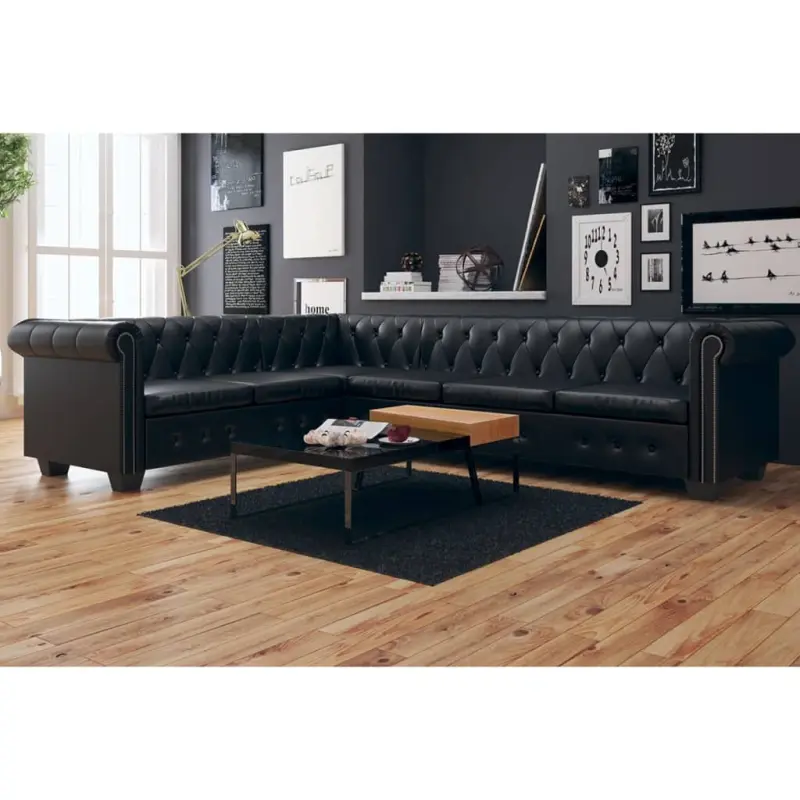 Sofa rogowa Chesterfield sześcioosobowa czarna, sztuczna skóra