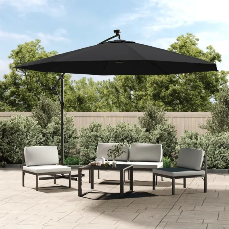 Parasol ogrodowy z LED, wiszący, czarny, 350 cm