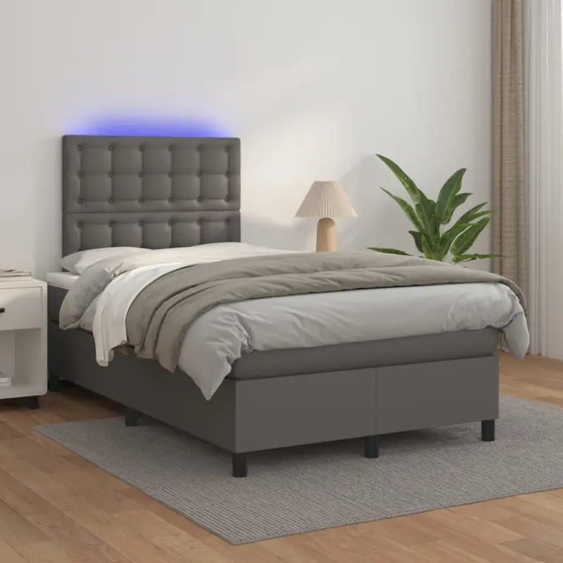 Łóżko kontynentalne z materacem i LED, szara ekoskóra 120x200cm