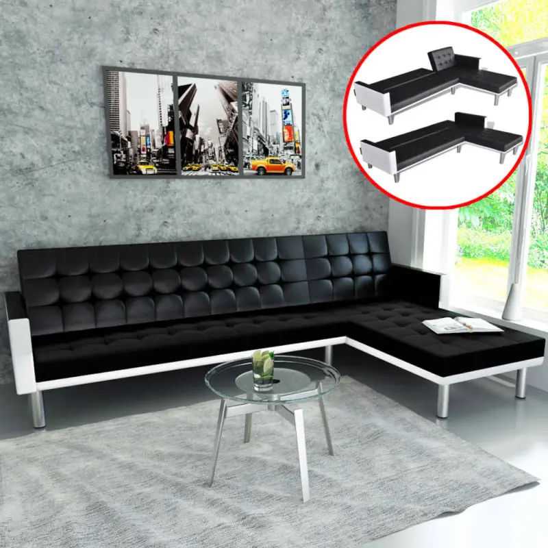 Sofa narożna z funkcją rozkładania, sztuczna skóra, czarna