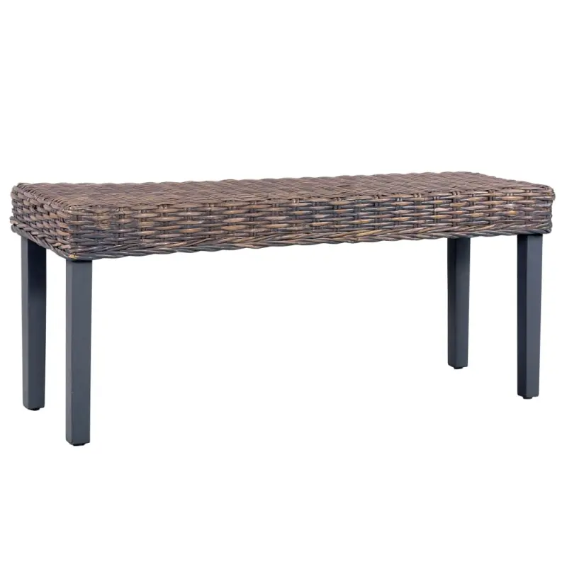Ławka, 110 cm, szara, rattan kubu i lite drewno mahoniowe