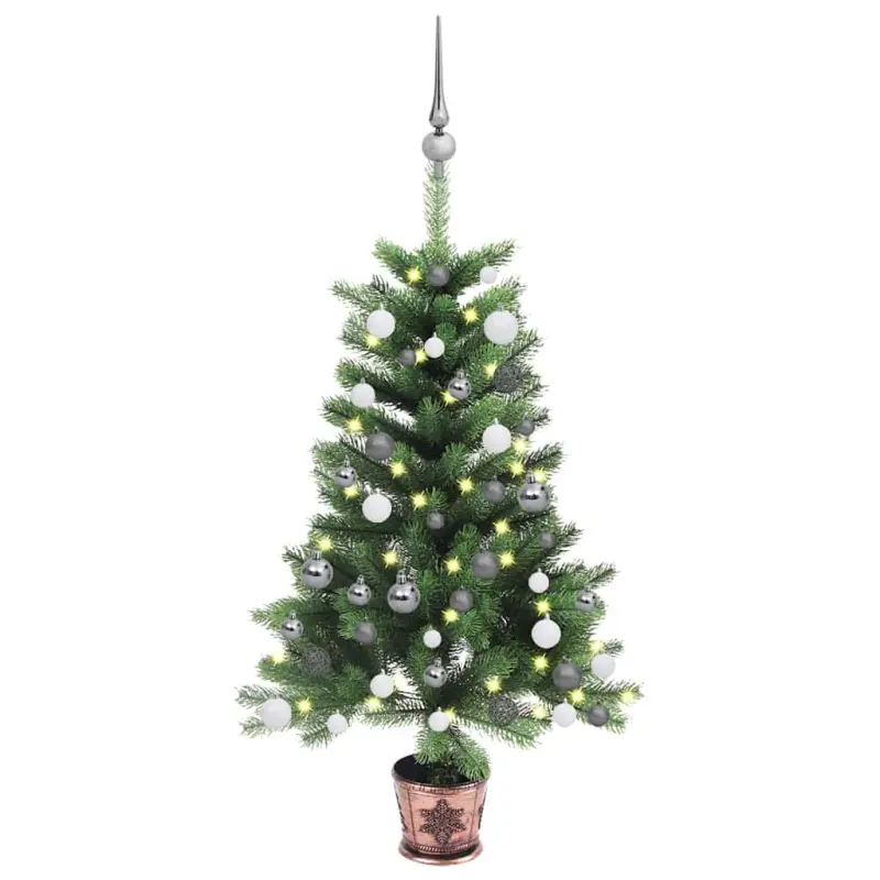Sztuczna choinka z lampkami i bombkami, 90 cm, zielona