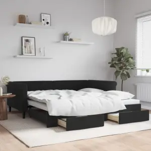 Sofa rozsuwana z szufladami, czarna, 100x200 cm, aksamit