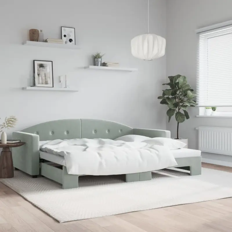 Sofa rozsuwana, jasnoszara, 90x200 cm, aksamit