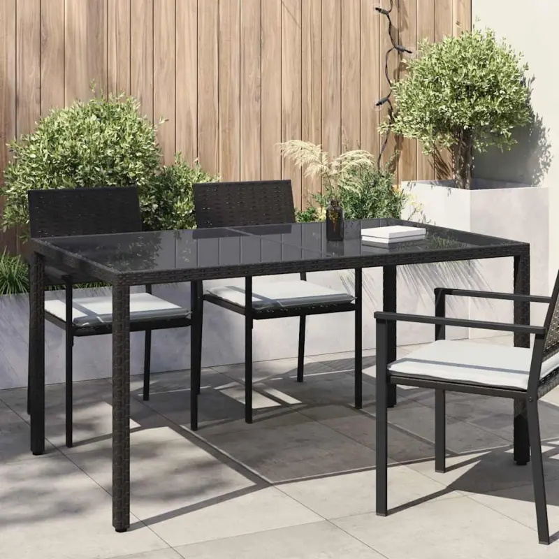 Stół ogrodowy, 150x90x75 cm, szkło i rattan PE, czarny