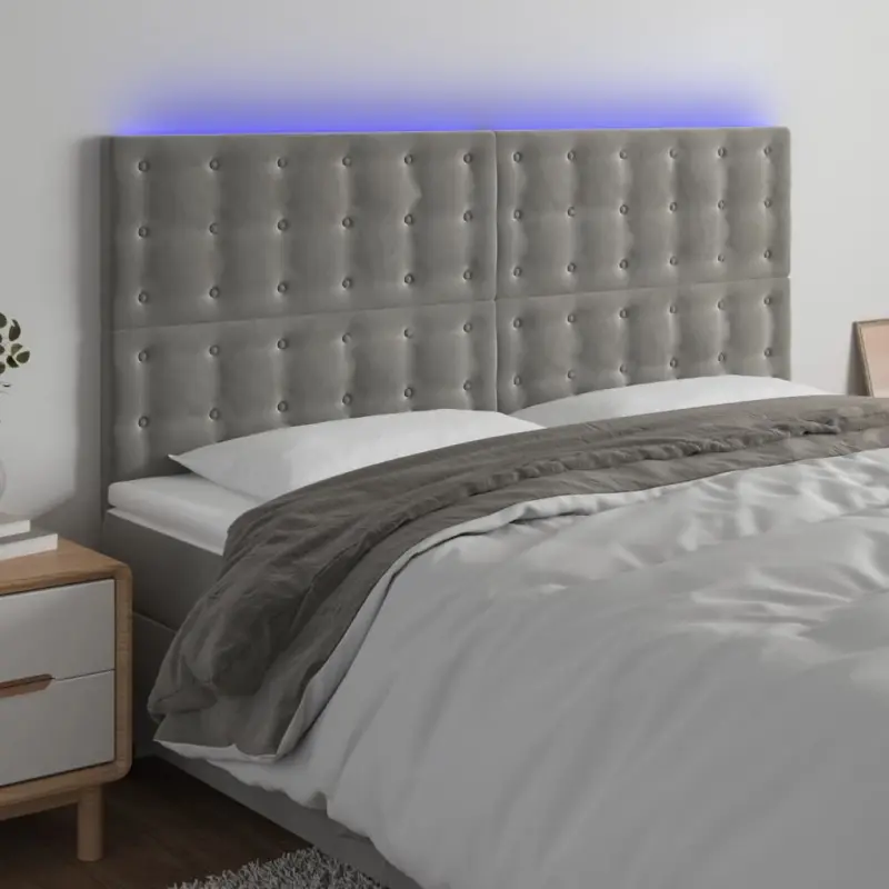 Zagłówek do łóżka z LED, jasnoszary, 200x5x118/128 cm, aksamit