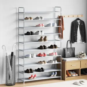 Stojak na buty z 10 półkami, metal i włóknina, srebrny
