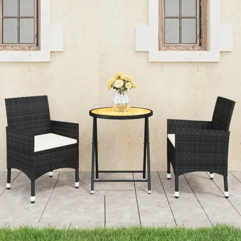 3-cz. zestaw mebli bistro, rattan PE i drewno akacjowe, czarny