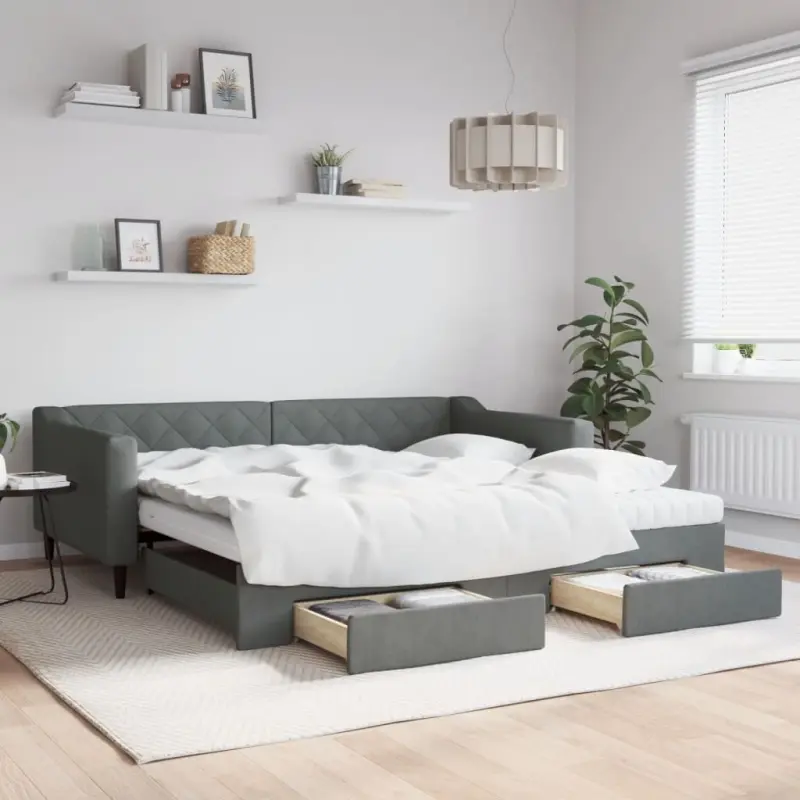 Sofa rozsuwana z szufladami, ciemnoszara, 100x200 cm, tkanina