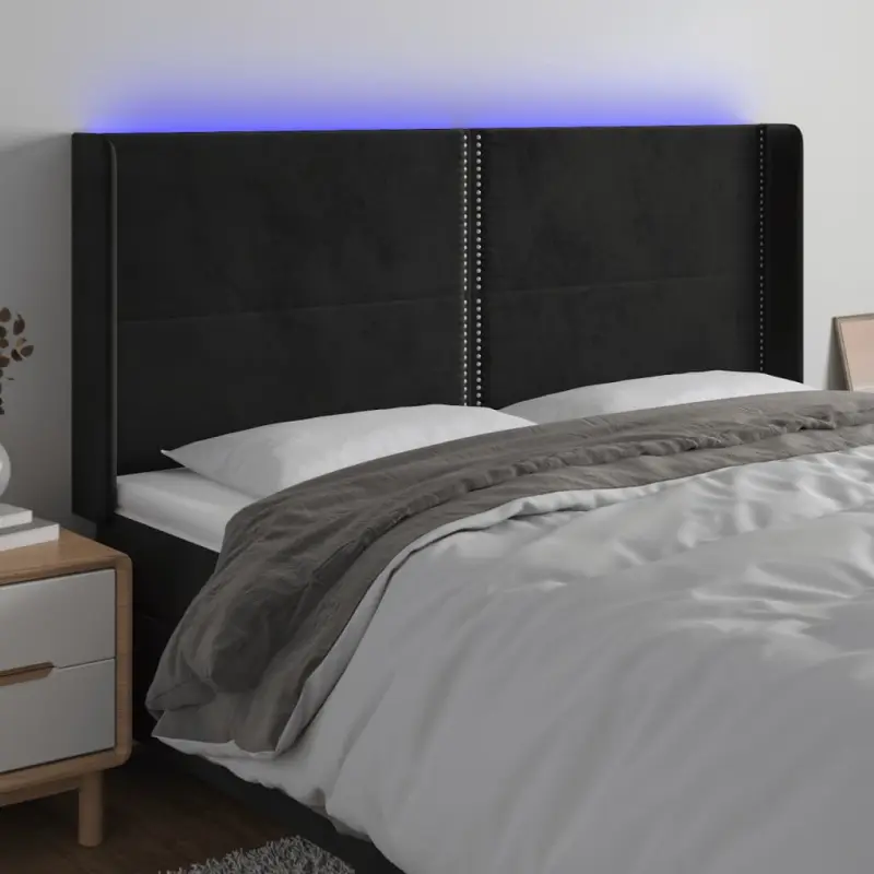 Zagłówek do łóżka z LED, czarny, 163x16x118/128 cm, aksamit