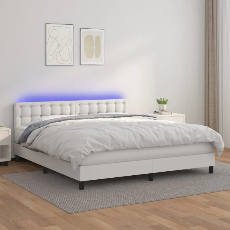 Łóżko kontynentalne z materacem i LED, biała ekoskóra 180x200cm