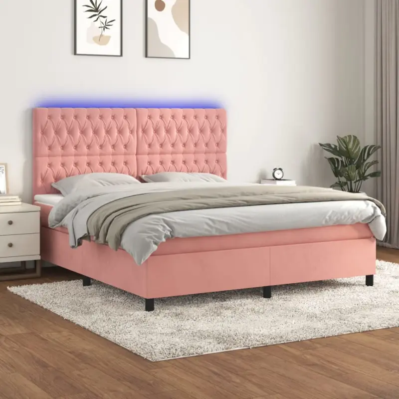 Łóżko kontynentalne z materacem i LED, różowy aksamit 160x200cm