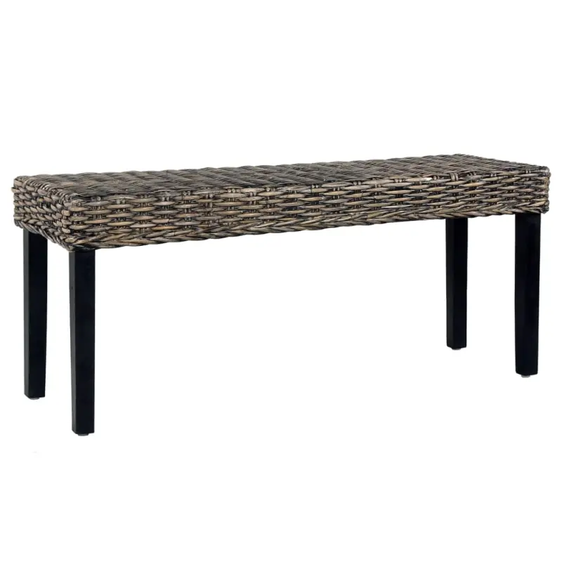 Ławka, 110 cm, czarna, rattan kubu i lite drewno mahoniowe