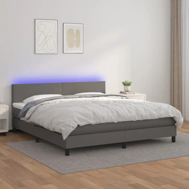 Łóżko kontynentalne z materacem i LED, szara ekoskóra 180x200cm