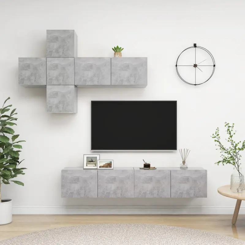 7-cz. zestaw szafek TV, szarość betonu, materiał drewnopochodny