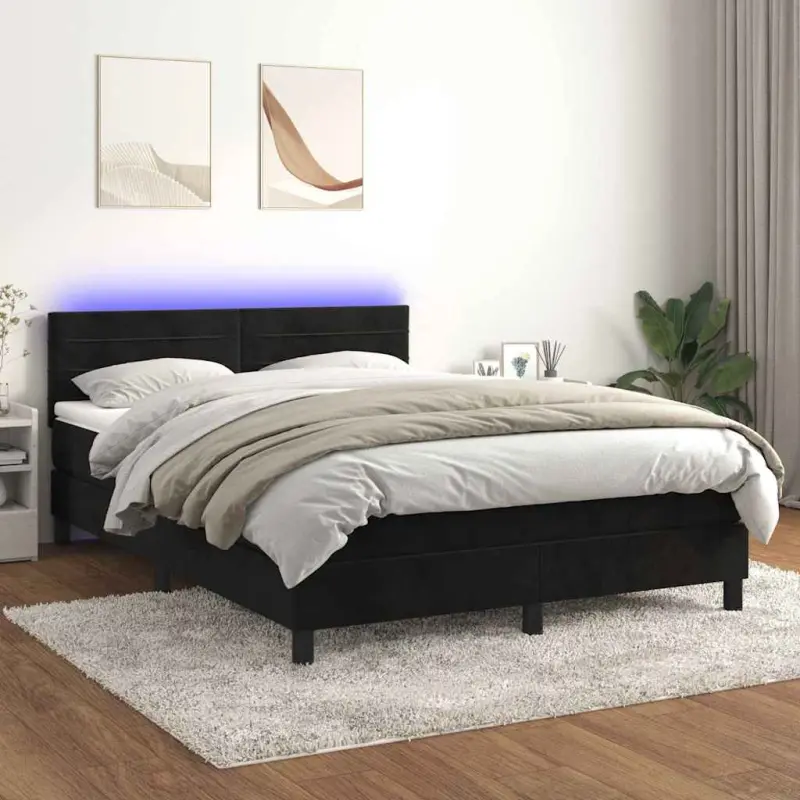 Łóżko kontynentalne z materacem i LED, czarny aksamit 140x190cm