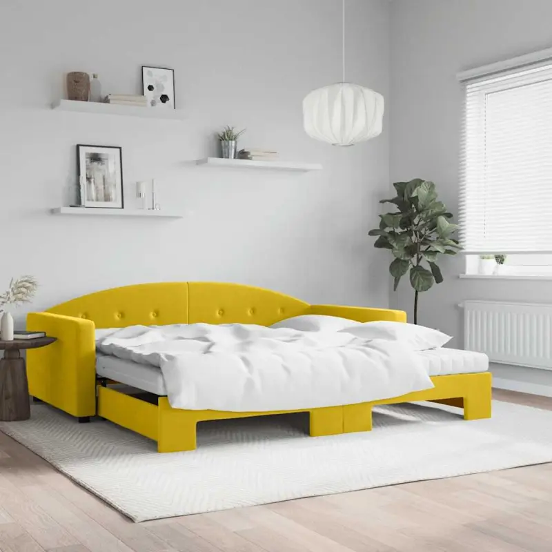 Sofa rozsuwana z materacami, żółta, 100x200 cm, aksamit
