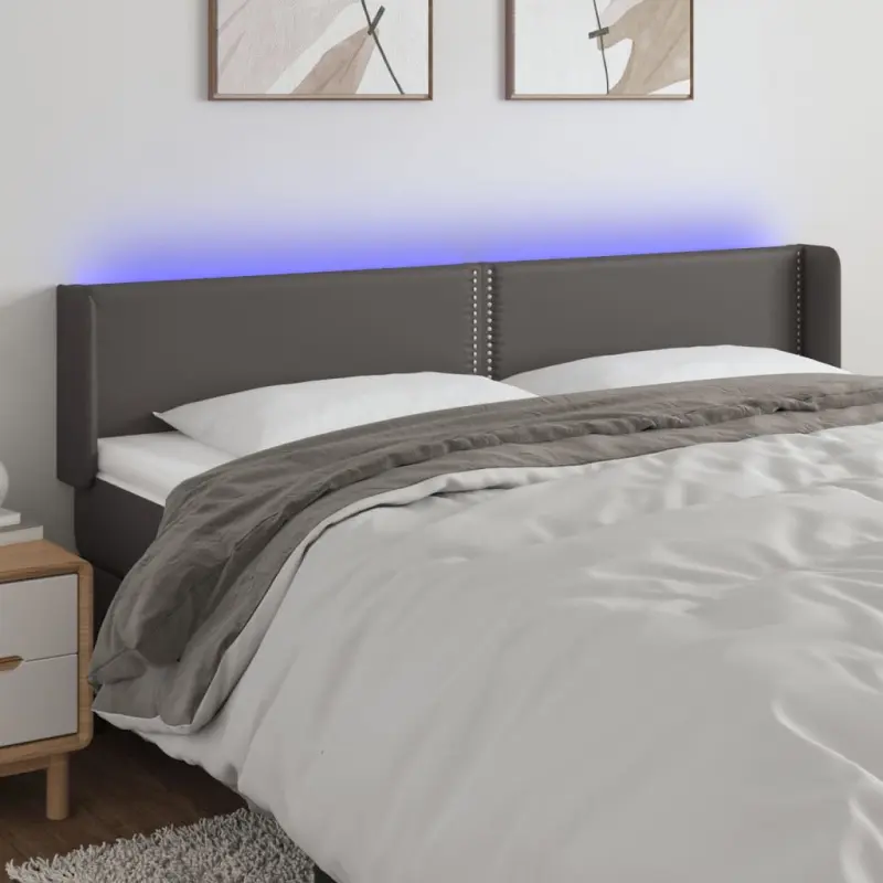 Zagłówek do łóżka z LED, szary, 203x16x78/88 cm, sztuczna skóra